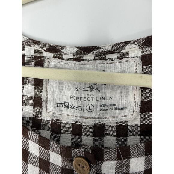 Not Perfect Linen Brown Gingham V-Neck Button Front Linen Midi Dress L - Picture 5 of 10